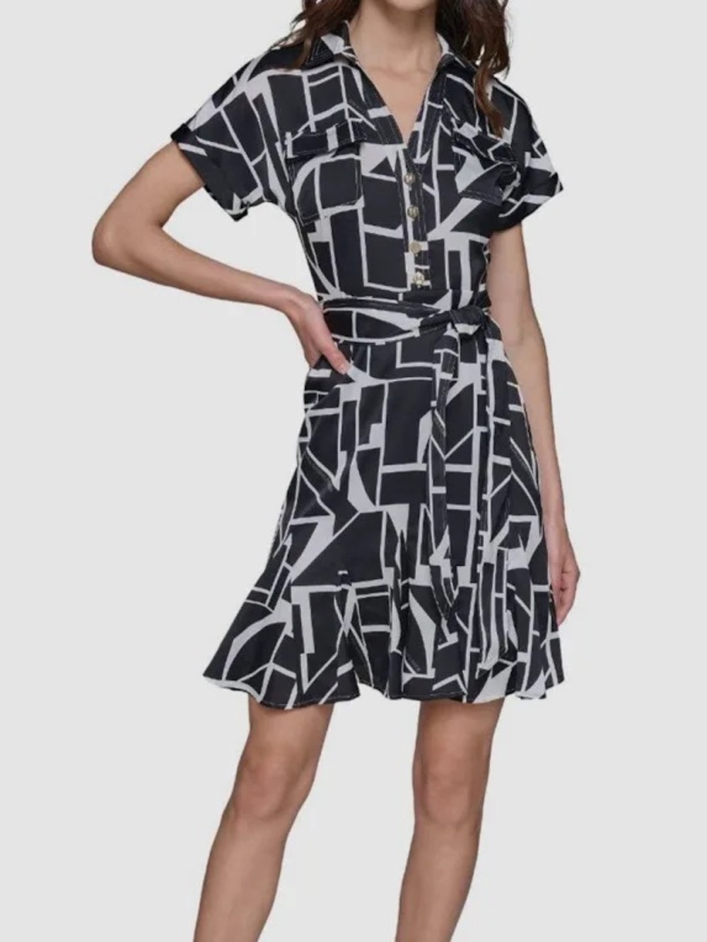 Karl Lagerfeld Paris Satin Shirt Dress Belted Geometric Mini Black White 10 NWT